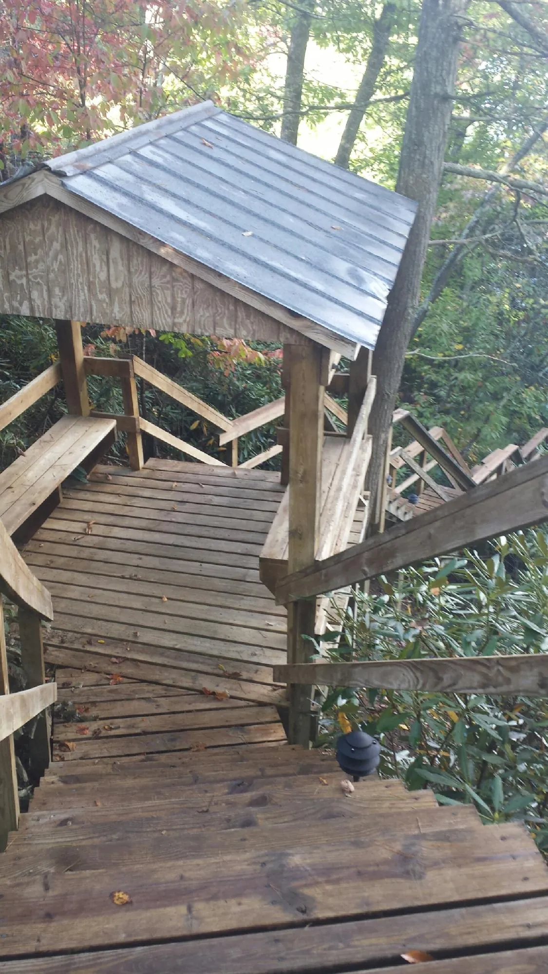 Metal roofed shelter over wooden steps on a wooded walkway — Skylight Repair & Installation work by our crew in Scandinavia